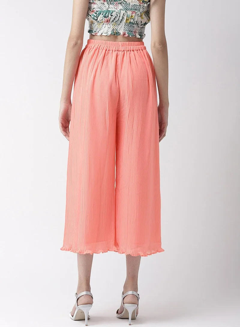 Mish  Women Peach Pleated Flared Trousers for Women | Best Price UAE